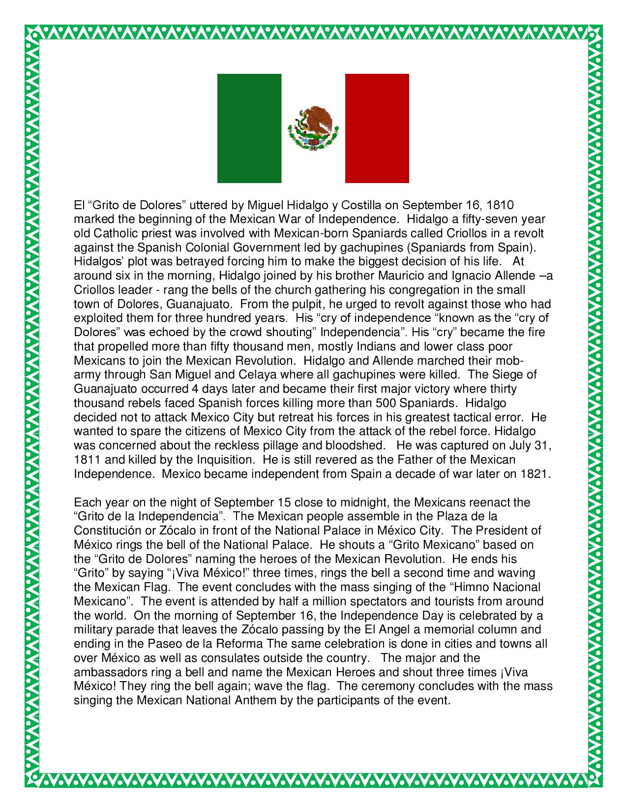 “Misc. Lesson-“El Grito” Mexican Independence-Reading-Comprehension Unit- Cultural SUB Plan ...
