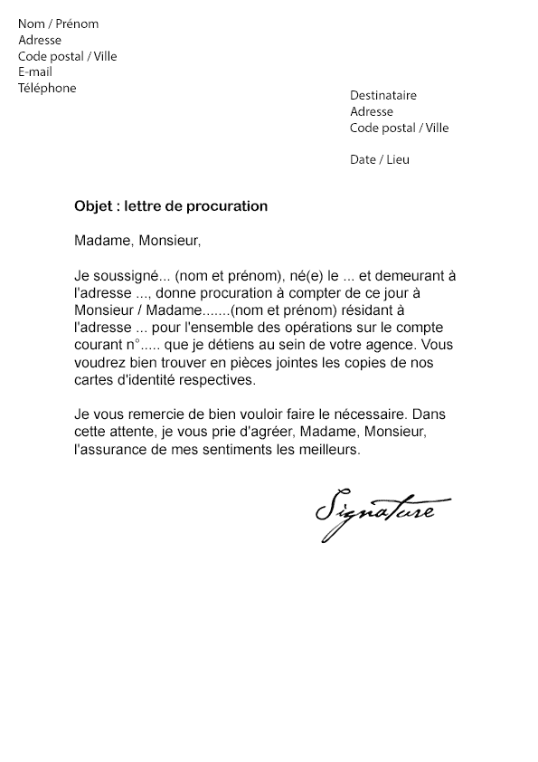 Lettre de procuration Banque - Modèle de Lettre