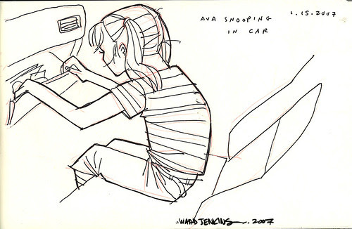 sketches: ava snooping in car