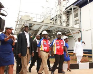Lagos State Governor, Mr. Babatunde Fashola SAN  (2nd left) being conducted round  the newly commissioned 10.6 Mega Watts  Alausa  Power Project , by the General Manager, Lagos State Electricity Board, Mrs. Damilola Ogunbiyi (left) at the  State Secretariat Alausa, Ikeja, on Thursday, October 17, 2013. With them are: Group Managing Director, Oando Plc, Mr. Wale Tinubu (middle), Project Manager, Oando Plc, Engr. Oluwaseun Ogunnuyi (2nd right) and the Permanent Secretary, Ministry of Energy and Mineral Resources, Mrs. Regina Iyabo Obasa (right).