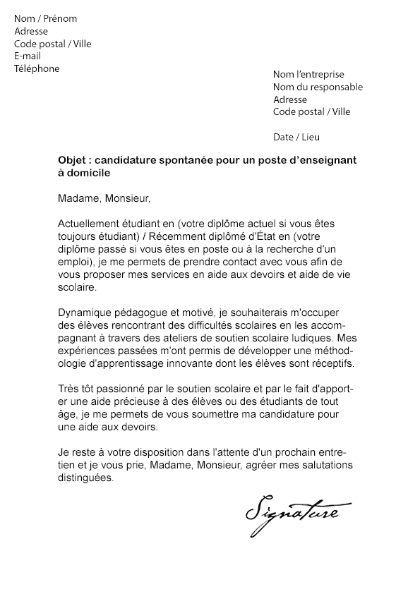 Lettre de motivation Soutien scolaire (Enseignant à domicile)