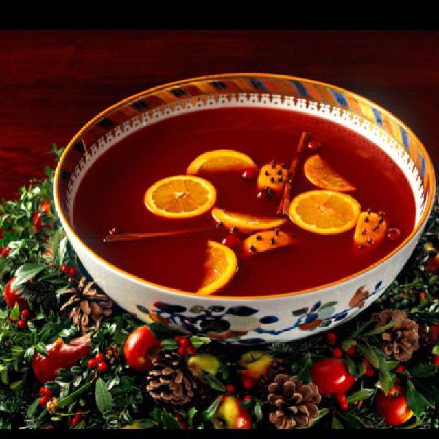 Wassail ! - another christmas must.  Ingredients:  •1 gallon apple cider  •1 large can unsweetened pineapple juice  •3/4 cup tea   Place in a cheesecloth sack:  •1 tablespoon whole cloves  •1 tablespoon whole allspice  •2 sticks cinnamon This is great cooked in a crock pot. Let it simmer very slowly for 4 to 6 hours. You can add water if it evaporates too much. Serves 20. Add orange slices, or quartered with cloves, and some cinnamon sticks.