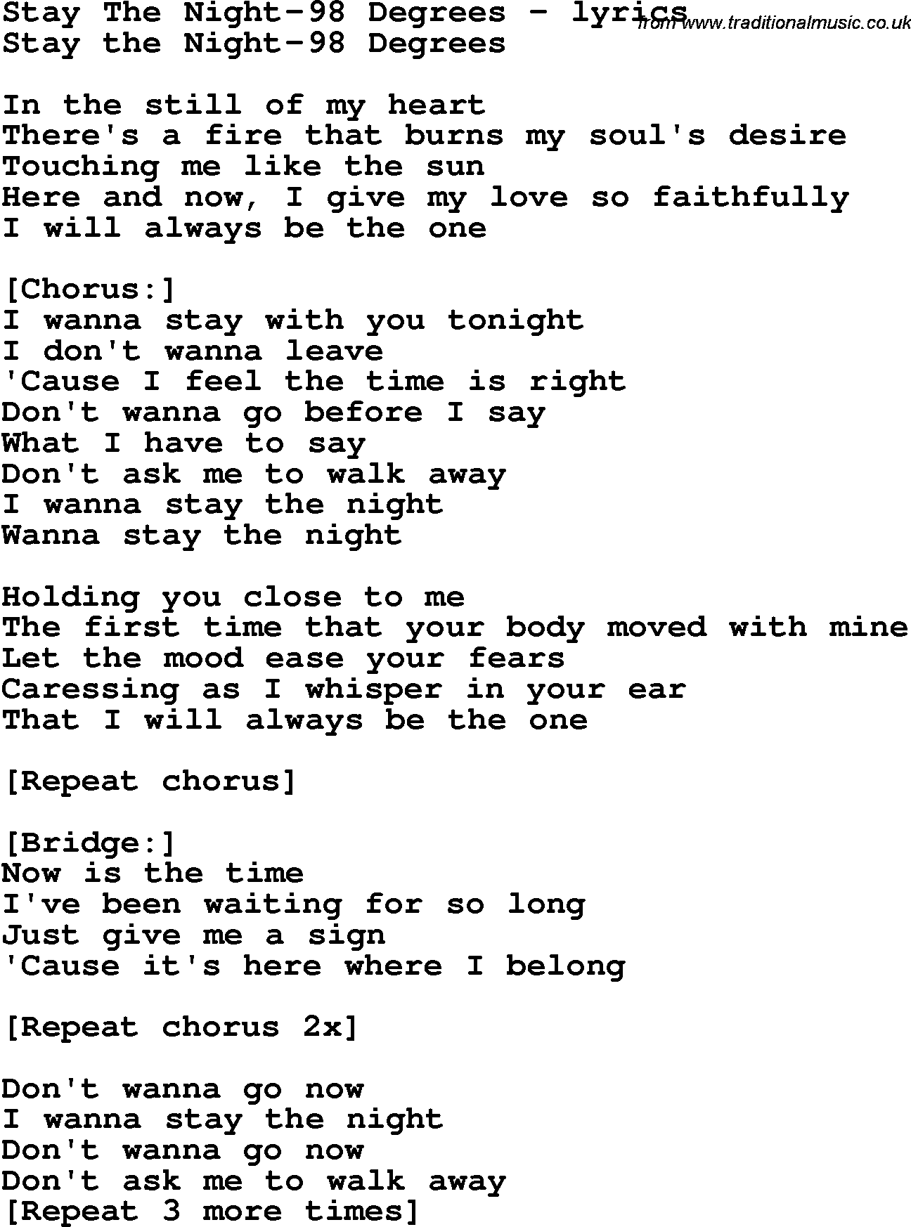 Love Song Lyrics For Stay The Night 98 Degrees