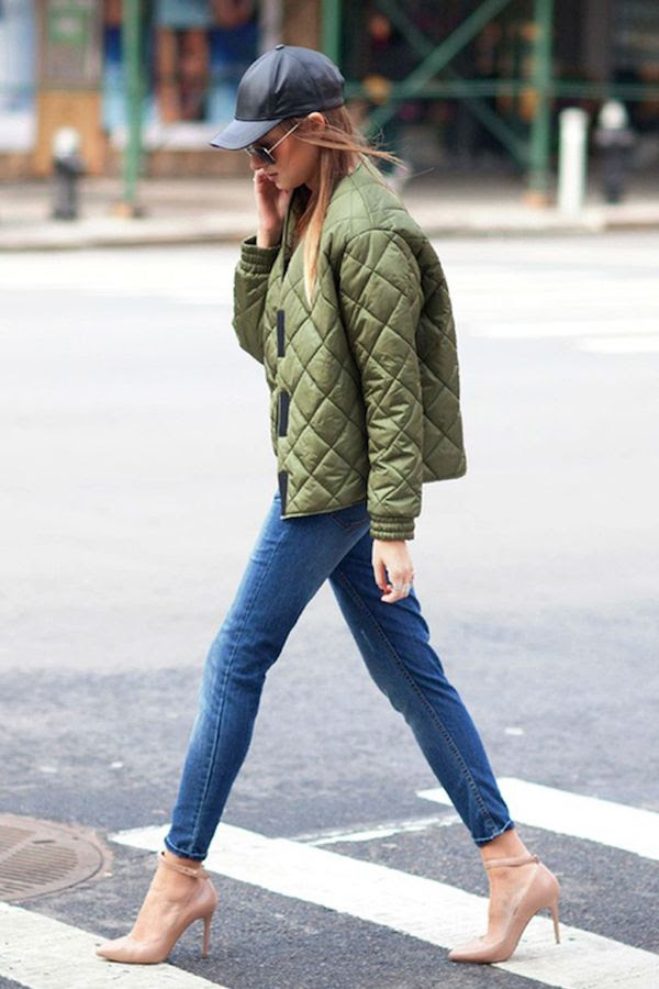 Le Fashion Blog Ways To Wear Green Coat Fall Winter Street Style Leather Cap Quilted Bomber Jacket Cropped Jeans Ankle Strap Heel Via WeWoreWhat