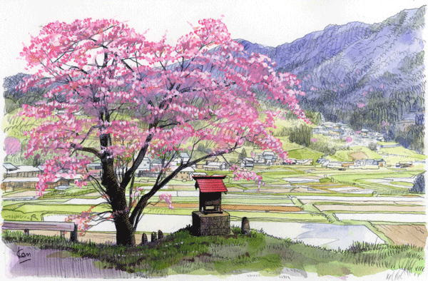 水のある風景 トレース水彩画