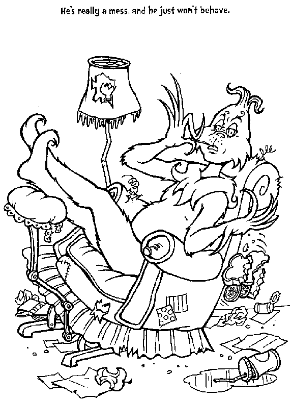 Grouchy messy Grinch coloring sheets for free download, print out, and color.