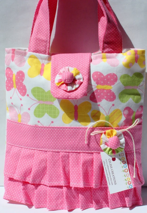 Girls Small Tote Bag Spring Butterflies Ruffled