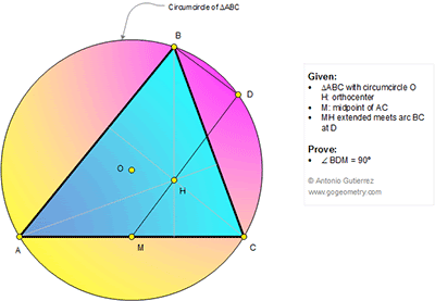 Online Math: Geometry Problem 1136: Triangle, Circumcircle, Orthocenter, Midpoint, Arc, 90 Degrees, Angle.