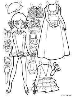 ワンピースの女の子の紙の着せ替え塗り絵の下絵 画像
