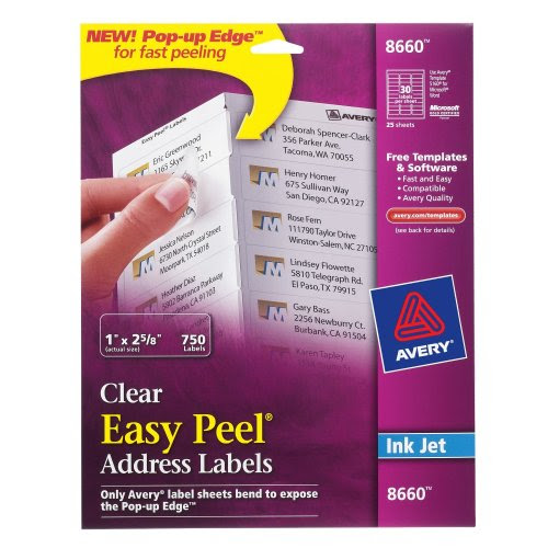 Avery Easy Peel Address Labels for Inkjet Printers, 1 x 2.625 Inches, Clear, Pack of 750 (08660)