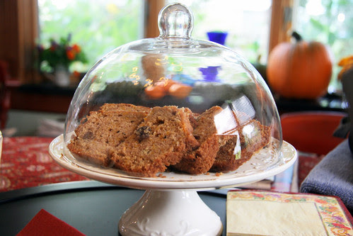 pumpkin bread under glass