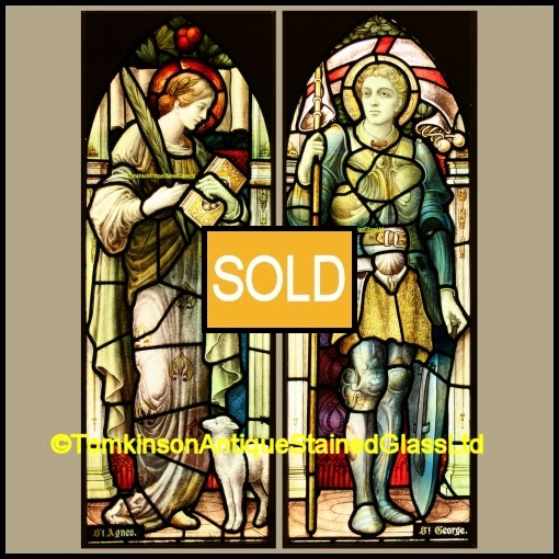 Ref Rel347 2 Antique Religious Church Stained Glass Windows St Agnes St George Tomkinson Stained Glass