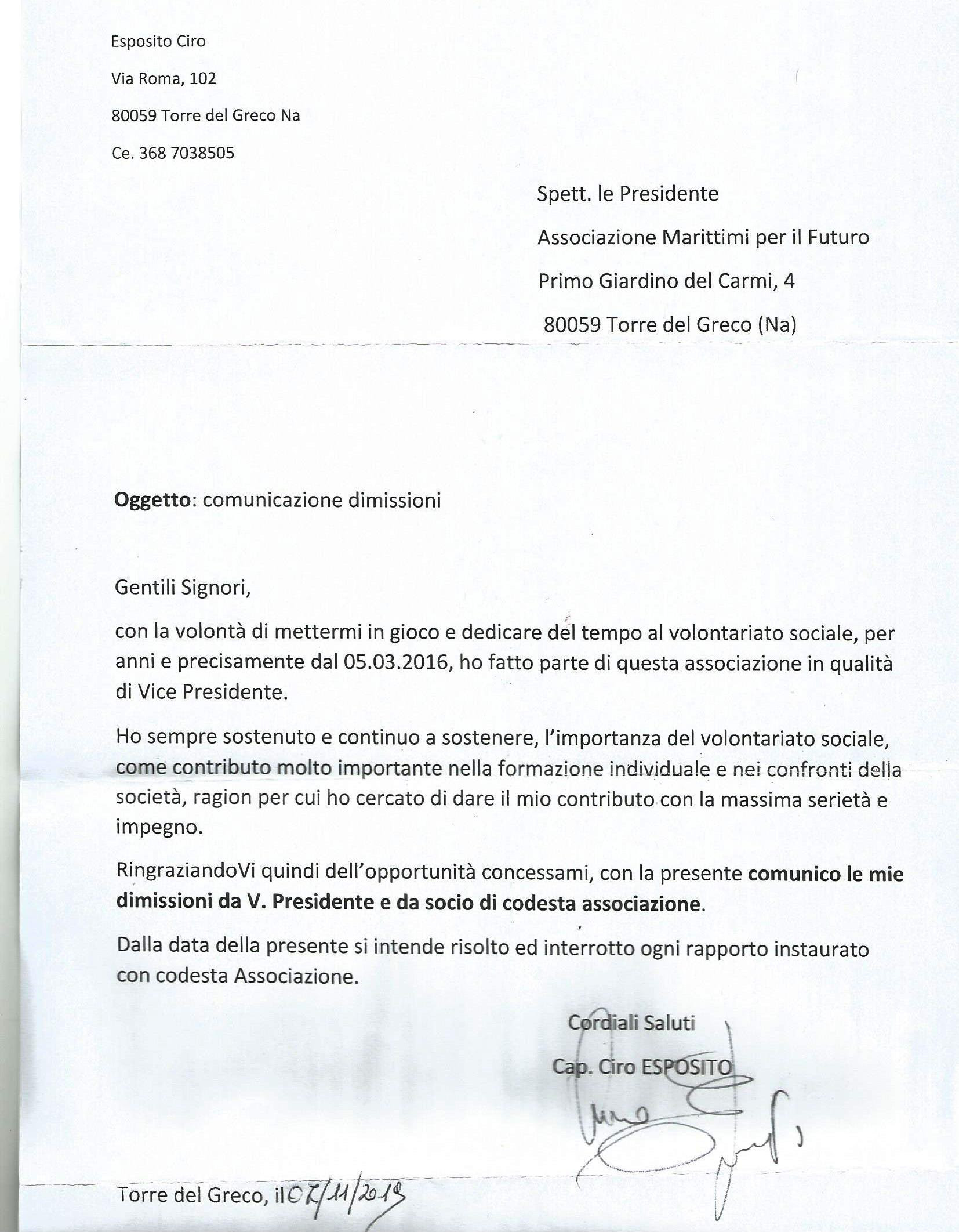 Associazione Volontariato Lettera Di Dimissioni
