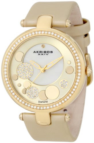 Akribos XXIV Women's AKR434YG Diamond Gold Sunray Diamond Dial Quartz Strap Watch On Sale