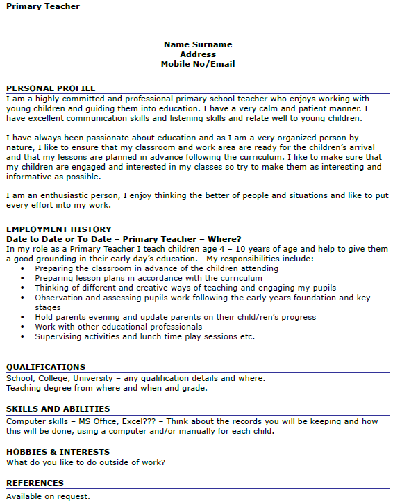 Primary Teacher CV Example - icover.org.uk