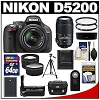 Nikon D5200 Digital SLR Camera & 18-55mm G VR DX AF-S Zoom Lens with 55-300mm VR Lens + 64GB Card + Case + Grip & Battery + Tripod + Tele/Wide Lenses + Filters Kit