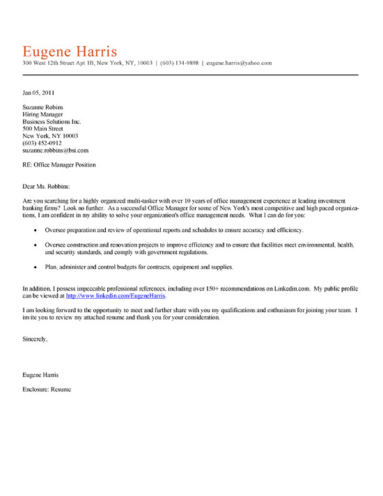 Office Manager Cover Letter Example