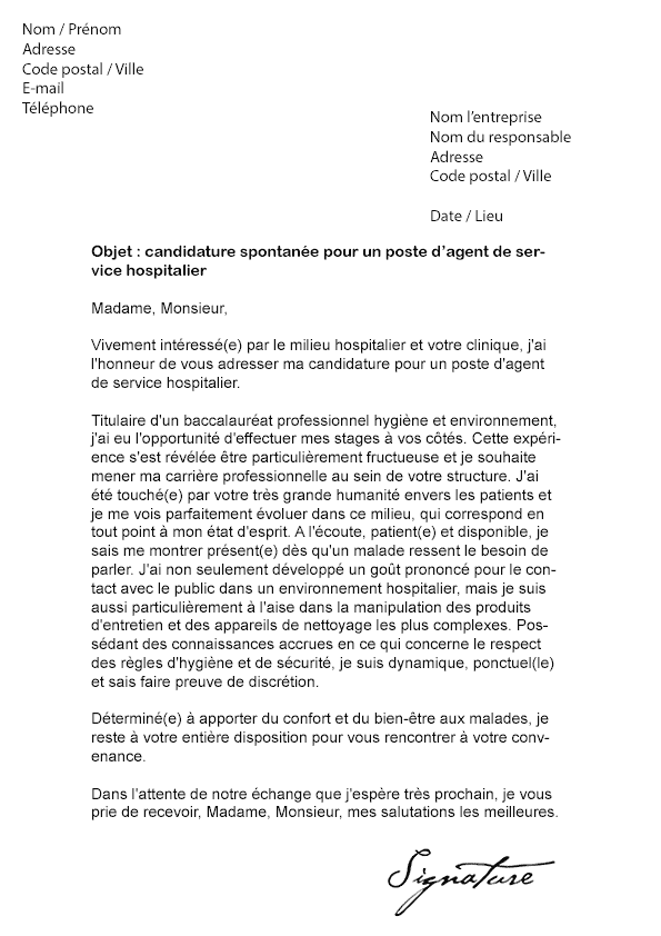 Lettre de motivation Agent de Service Hospitalier (ASH 