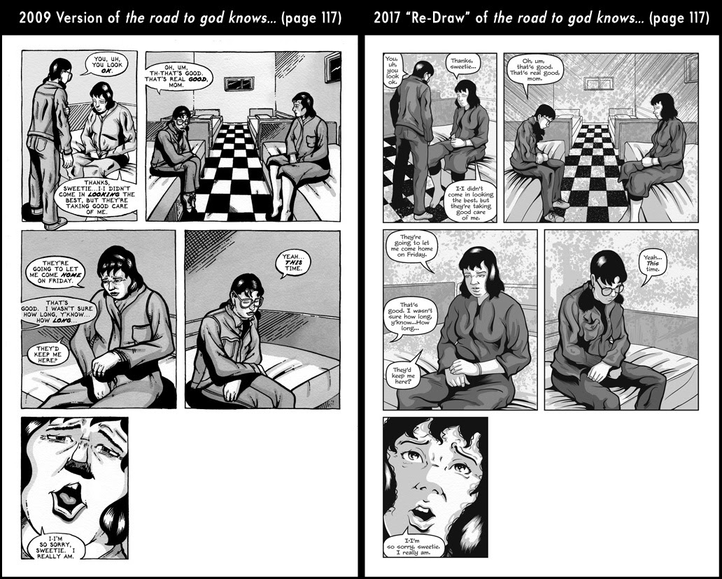 Comparison between page 117 from the 2009 published version of the road to god knows... and the 2017 redrawn version by Von Allan