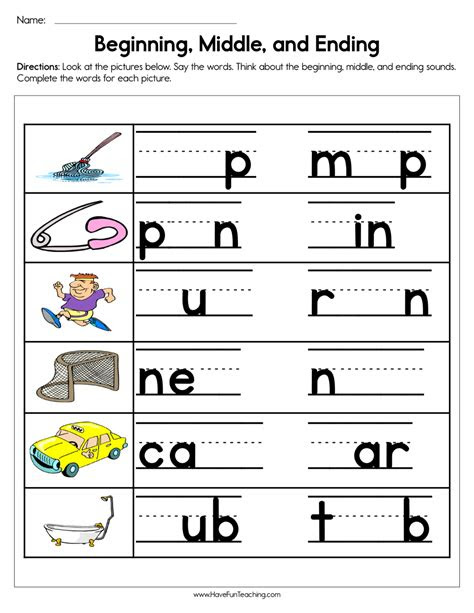 beginning middle end sounds kindergarten worksheets printable