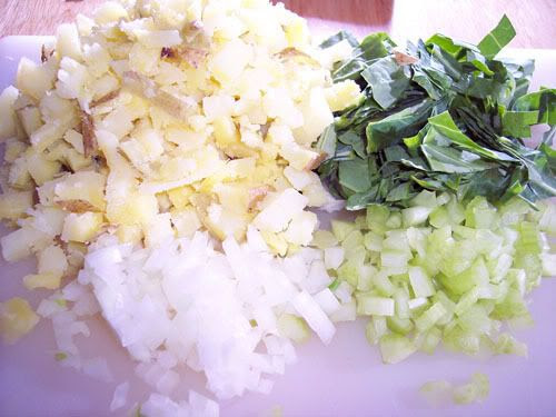 Yukon potato, collard green, onion, celery
