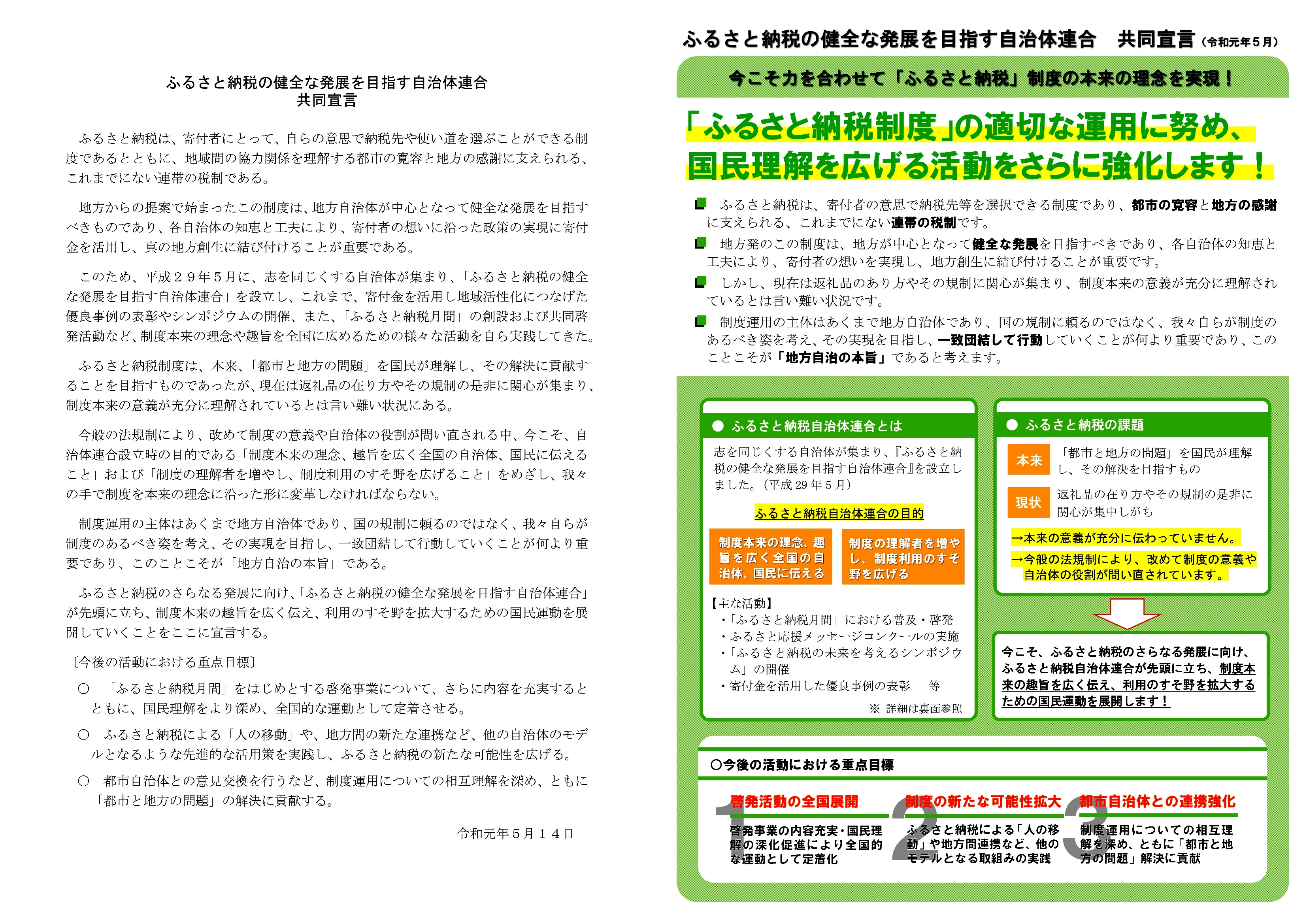 共同宣言を発表しました 令和元年５月１４日 ふるさと納税の健全な発展を目指す自治体連合