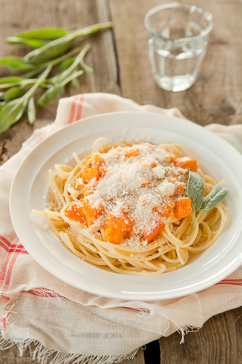 Pumpkin pasta with peccorino and sage