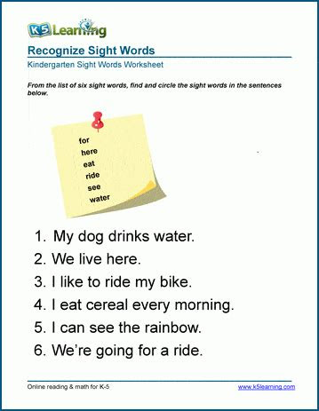 Letter recognition and handwriting practice covering sight words for kindergarten . sight words in sentances worksheet k5 learning