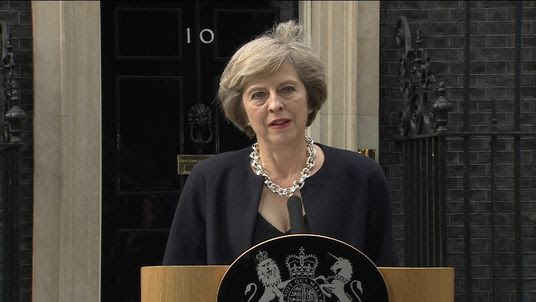Theresa May delivers her first speech as Prime Minister outside 10 Downing Street