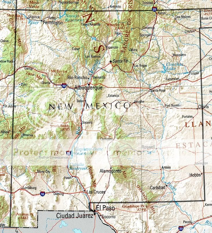Printable Map of New Mexico state.
