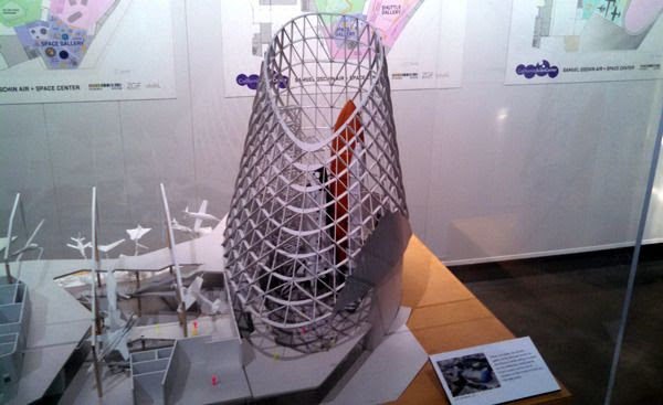The concept model depicting the Samuel Oschin Air and Space Center, space shuttle Endeavour's final home, at the California Science Center in Los Angeles...on October 11, 2015.