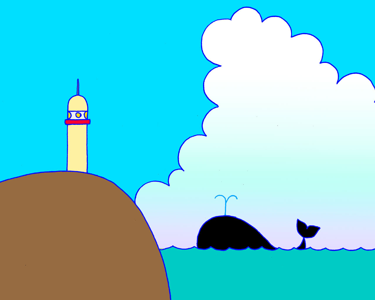 鯨 クジラ 灯台 海 入道雲 晴天 青空 無料 壁紙用イラスト