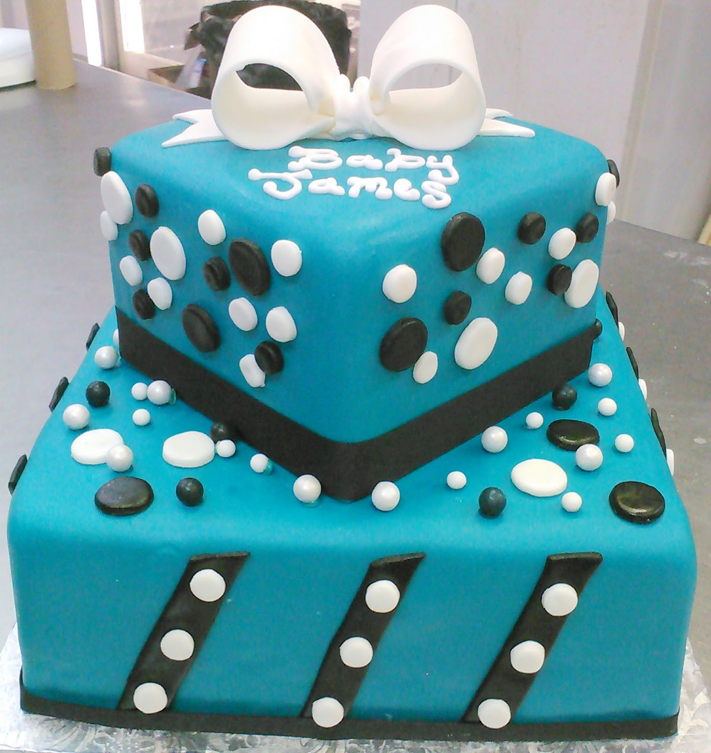 Teal Blue custom square boy's baby shower cake design with black and white stripes and polka dots and edible bow topper.jpg