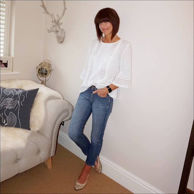 My midlife fashion, mango lace detail top, baukjen the boyfriend jeans, french sole henrietta gold glitter ballet pump