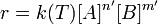 \,r = k(T)[A]^{n'}[B]^{m'}