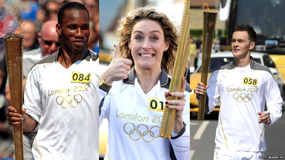 A composite image of Didier Drogba, Amy Williams and Josh McEachran carrying the torch.