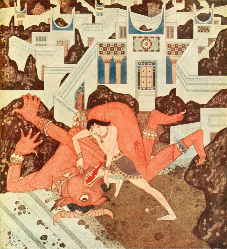 Edmund Dulac - 'So now the battle was ended ... and  all the wickedness and the ugliness that  infest life, were past and gone forever' from "The Minotaur" in Tanglewood Tales (1918) 