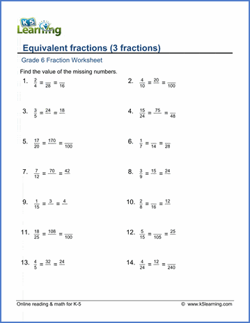 Grade 6 math worksheet - Fractions: 3 equivalent fractions | K5 Learning