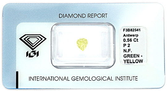 Foto 1, FANCY GREEN-YELLOW DIAMANT 0,56 ct TROPFEN-SCHLIFF, IGI, D6183