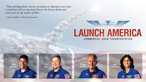 The four astronauts—Robert Behnken, Eric Boe, Douglas Hurley and Sunita Williams—selected by NASA to fly on the first commercial spaceflight in 2017...either aboard Boeing's CST-100 or SpaceX's Crew Dragon capsule.