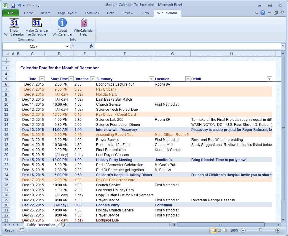Import Google Calendar to Excel and Word
