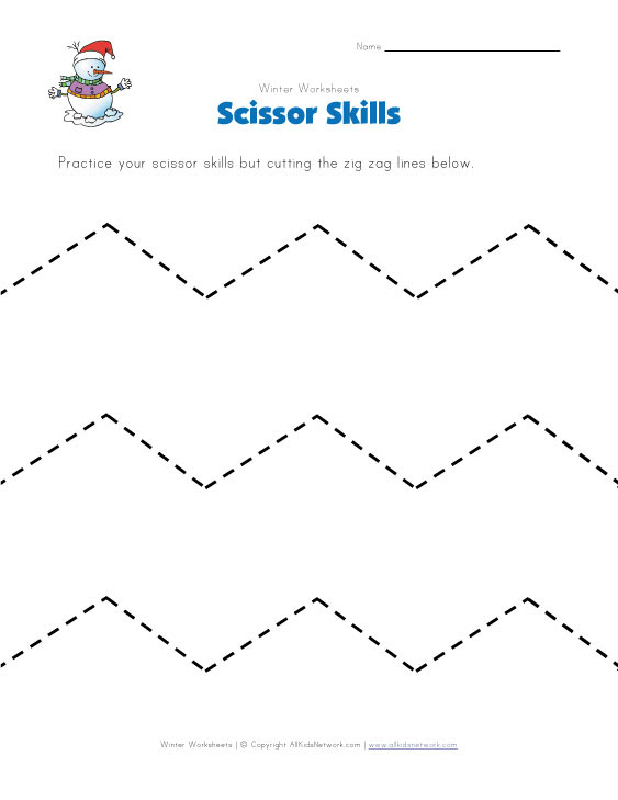 winter scissor skills worksheet zig zag lines