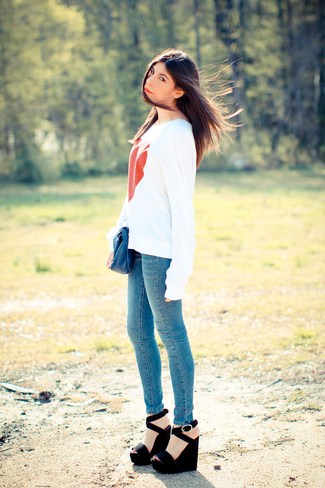 Wildfox Couture Sparkle Heart Jumper, James Jeans Twiggy Karma, Dolce and Gabbana suede platform wedges, House of Harlow rose gold ring, Yves Saint Laurent Arty Oval ring, Fashion Outfit