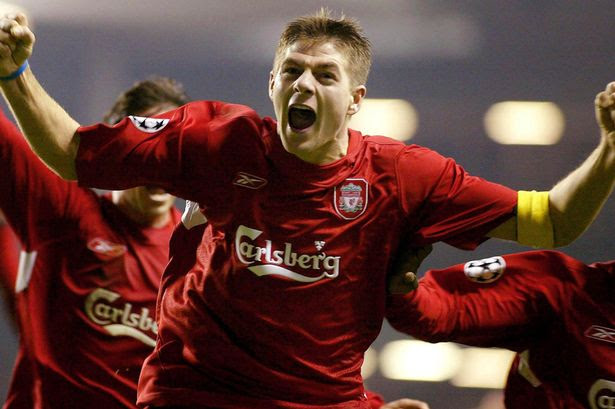 Liverpool's Steven Gerrard celebrates scoring the winning goal against Olympiakos