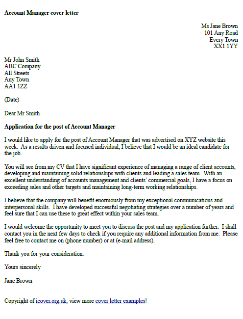 Account Manager cover letter example
