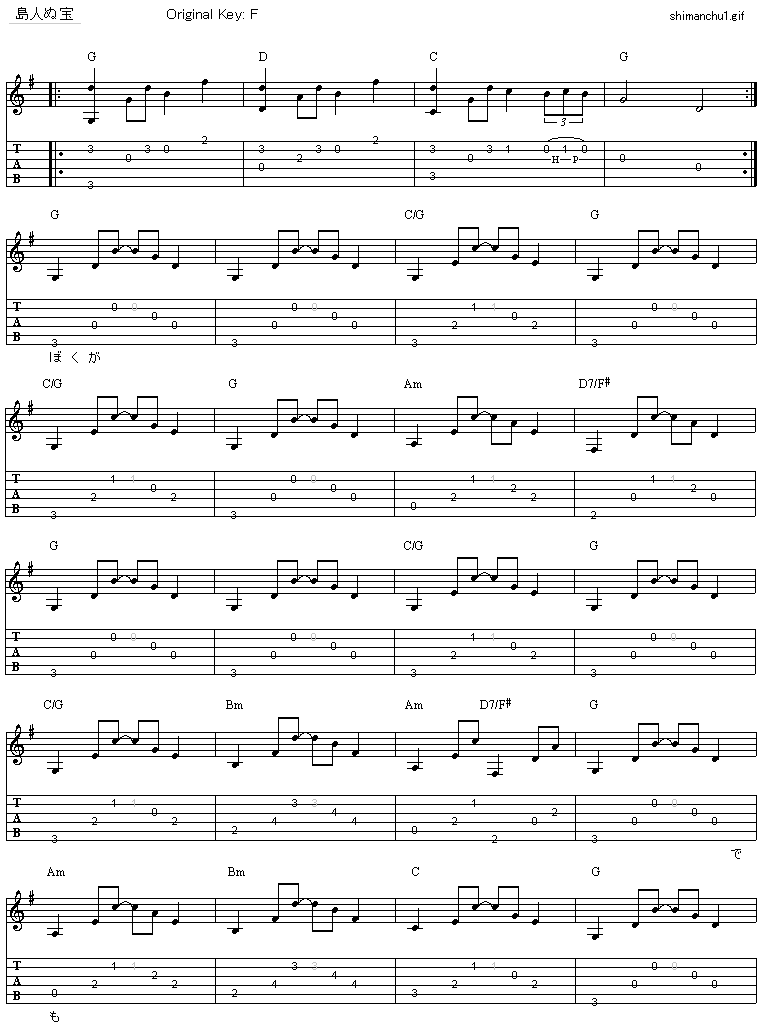 島人ぬ宝 Begin ギター弾き語りタブ譜 ギター弾き語りタブ譜など