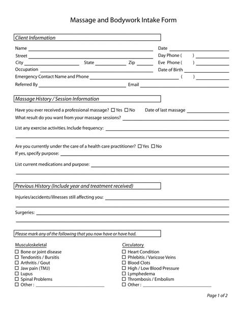 massage intake forms   massage therapy client intake