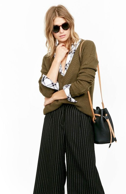 Le Fashion Blog Fall Officewear Tortoise Round Sunglasses V Neck Olive Pullover Plaid Button Down Shirt Leather Cinch Bucket Bag Black Striped Culottes Work Style Via Daily Look
