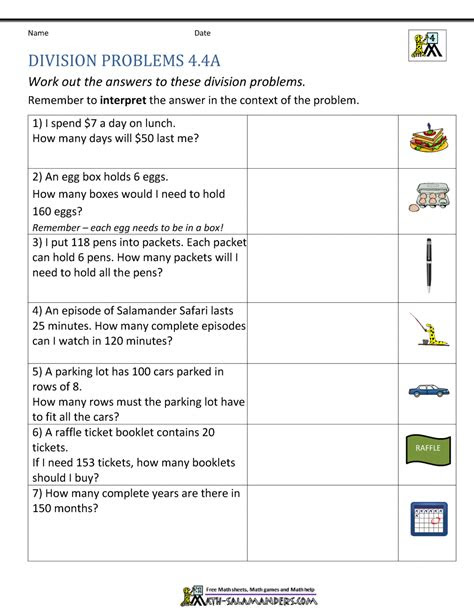  fourth grade division problems worksheets 4 long with no remainders
