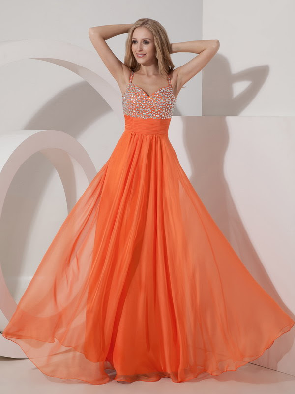 ... Dresses :: Not Expensive Spaghetti Straps Orange Chiffon Beaded Prom